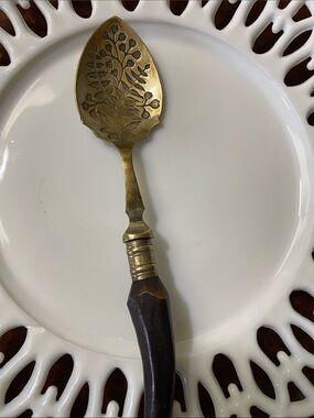 Vintage Brass Jam Spoon, Etched Botanical Design &Horn Handle